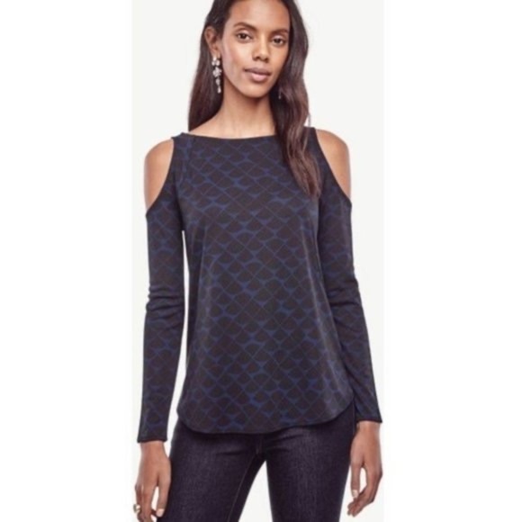 Ann Taylor Tops - Ann TAYLOR Scalloped Cold Shoulder Blouses Black Blue Size S